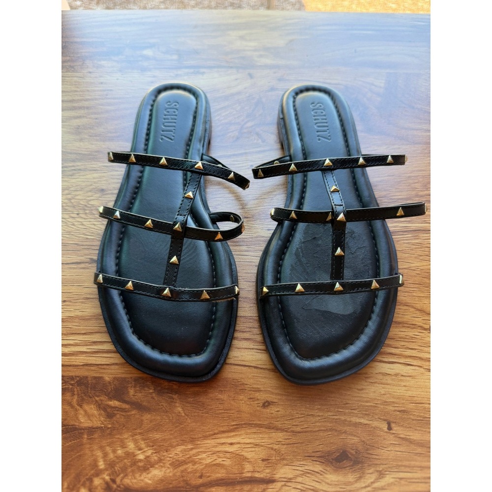 Schutz‎ Lydia Black Leather Studded Flat Sandals Caged T-Strap Rockstud 6.5B